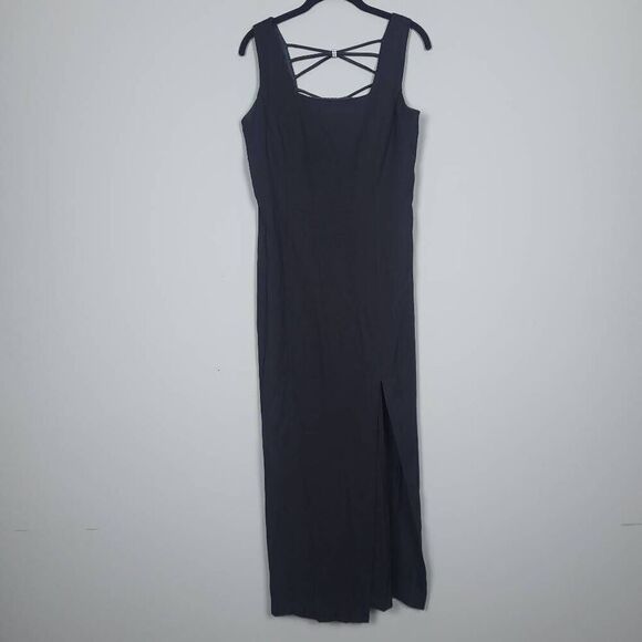 VTG 90s DBY Womens Rhinestone Maxi Dress Sz 9 Black Square Neck Criss Cross Back - Picture 1 of 9